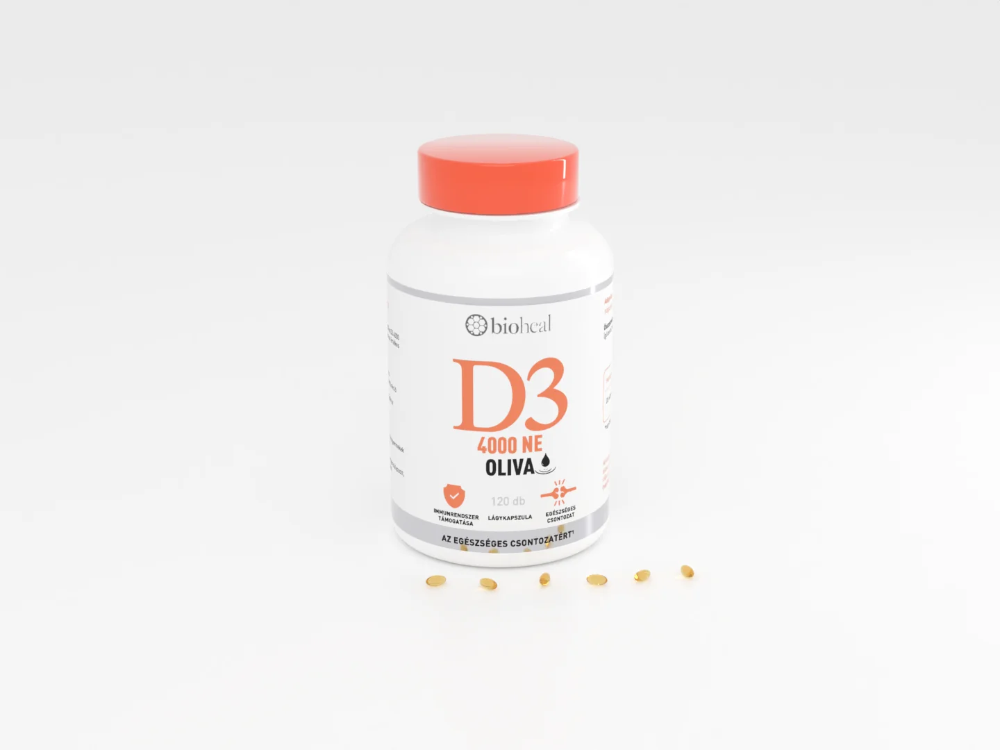 Bioheal® Oliva D3 4000 NE — élő 3D nézet a lágykapszulákkal