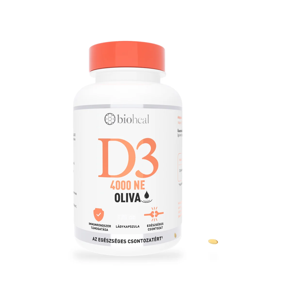 Az Oliva D3 kapszula méretarányosan a 120 darabos flakon mellett