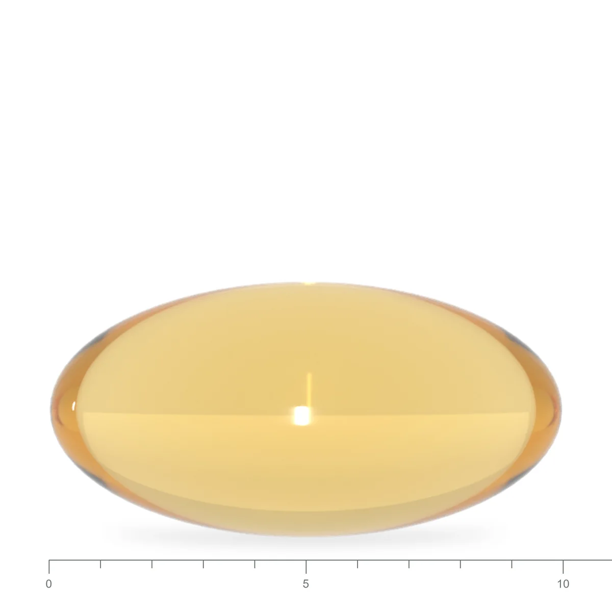 Az Oliva D3 lágyzselatin kapszulája oldalnézetből, milliméter-skálával — 10 × 5 mm
