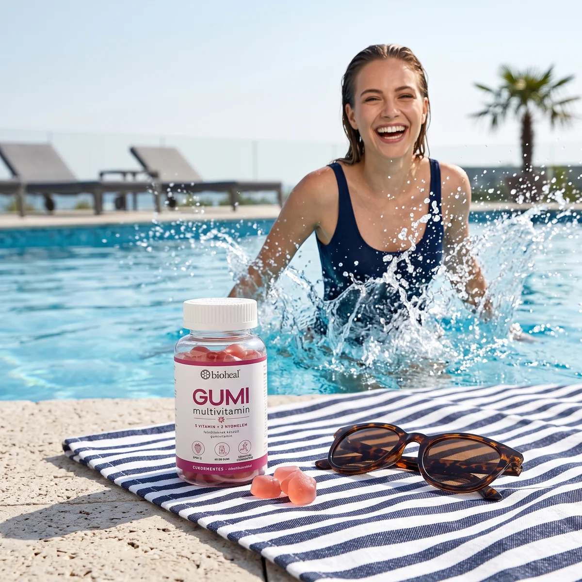 Bioheal® GUMI multivitamin — napfényes, medenceparti nyári pillanat