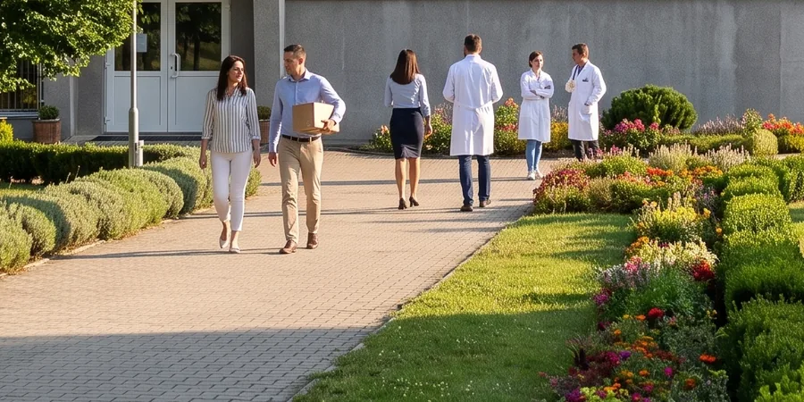 Virágszegélyes sétány a Bioheal központ előtt, munkatársakkal