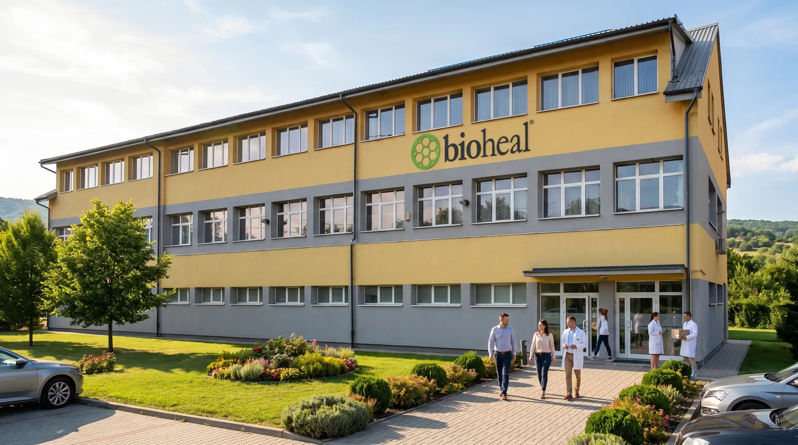 A Bioheal Pharma Kft. központja Tatabányán, a Tarjáni út 1. alatt — homlokzatán a bioheal logóval