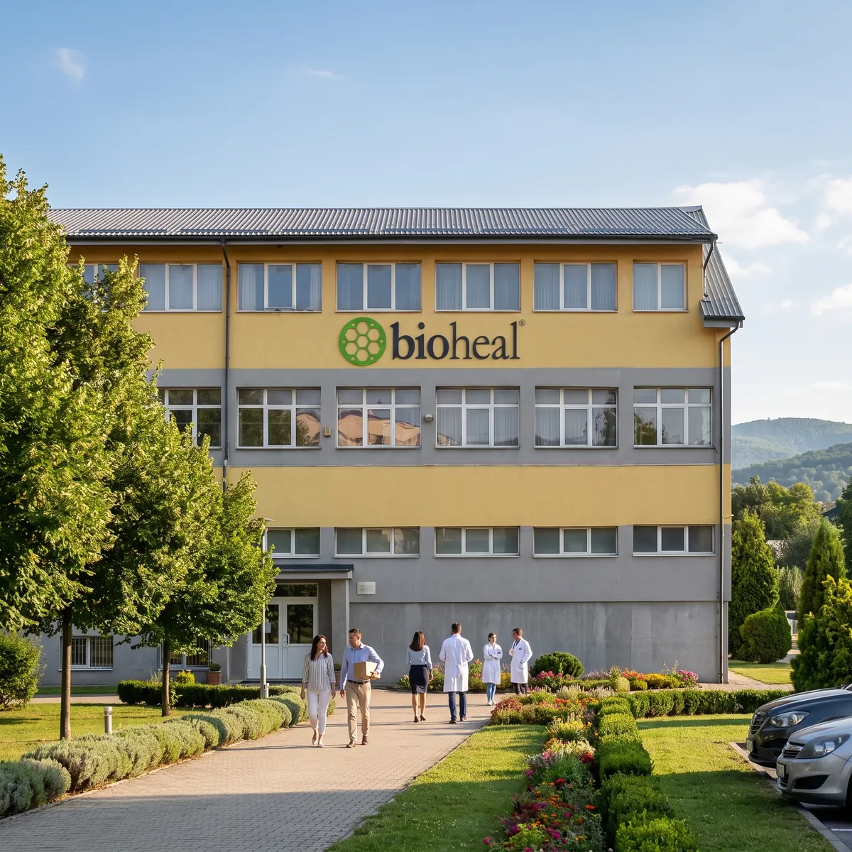 A Bioheal Pharma Kft. tatabányai központjának épülete elölnézetből, munkatársakkal az előtérben