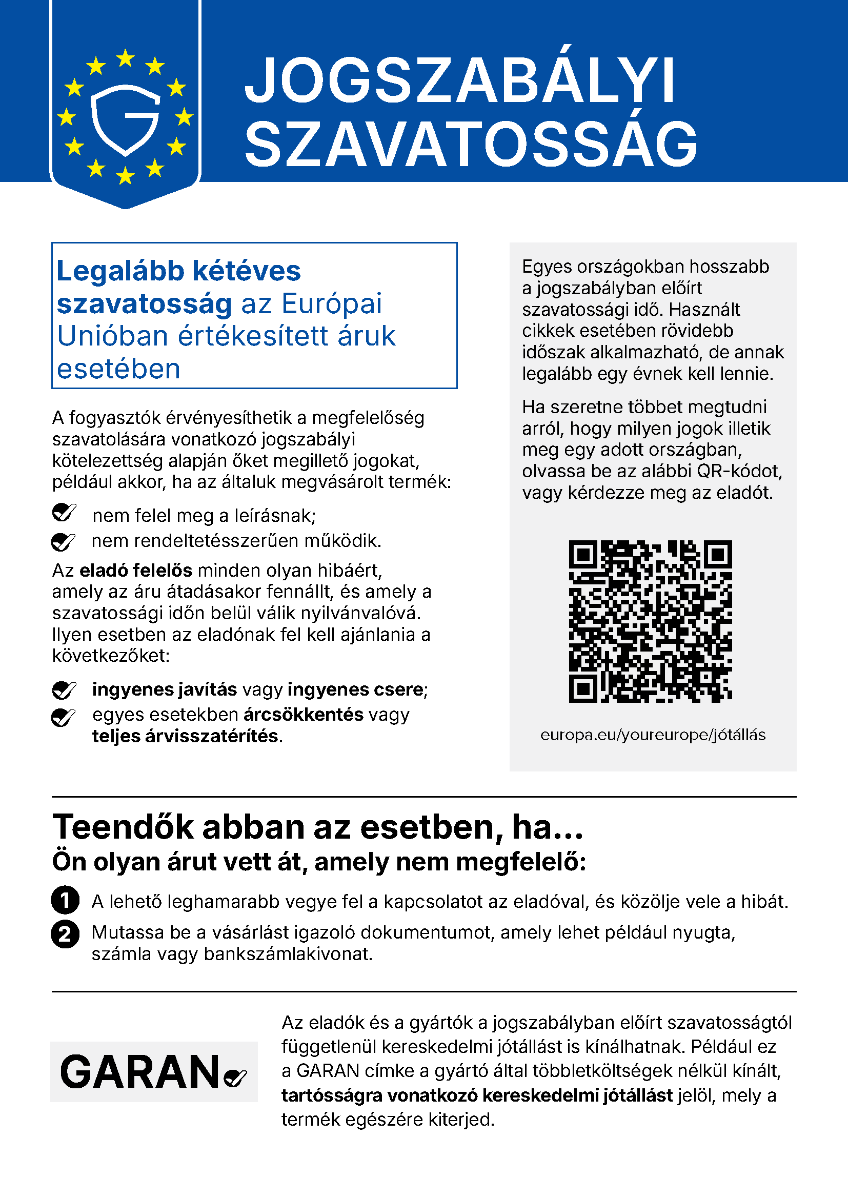 Jogszabályi szavatosság – az Európai Bizottság hivatalos tájékoztatója a fogyasztói jogokról