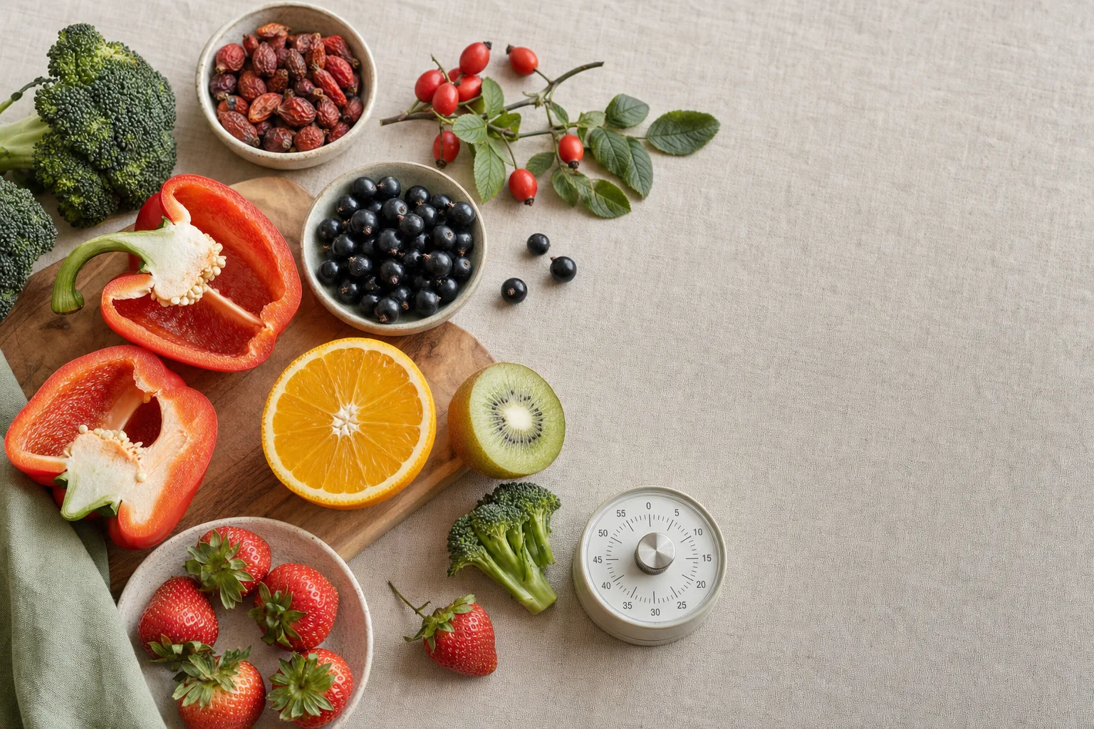 C-vitaminban gazdag élelmiszerek: piros paprika, csipkebogyó, feketeribizli, narancs, kivi, brokkoli, eper, káposzta