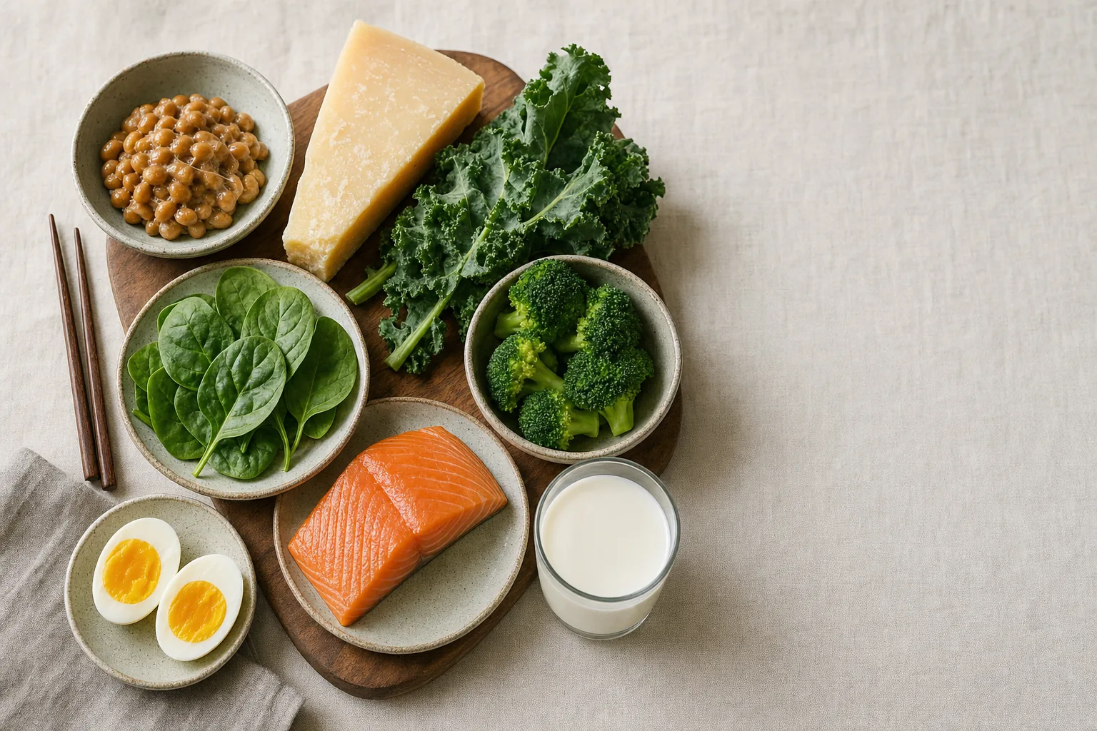 D- és K-vitaminban gazdag élelmiszerek: natto, érlelt sajt, kelkáposzta, brokkoli, tojás, lazac, egy pohár tej