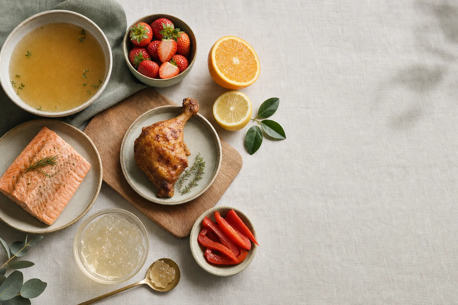 Kollagénhez és C-vitaminhoz kapcsolódó élelmiszerek: csontleves, hal, csirke, citrusfélék, paprika, bogyós gyümölcsök