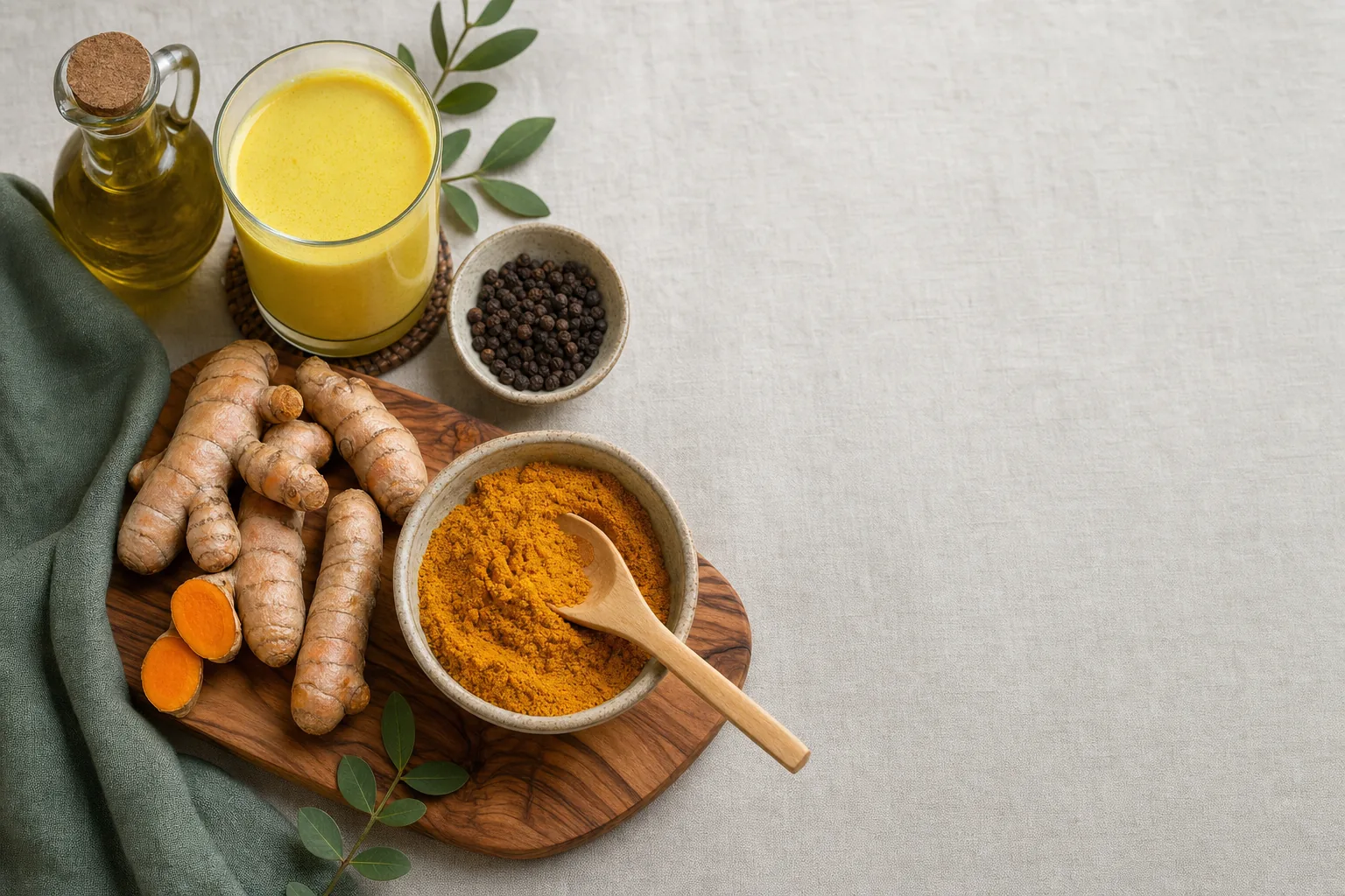Friss kurkumagyökér, őrölt kurkuma, fekete bors szemek és egy kis üveg olívaolaj