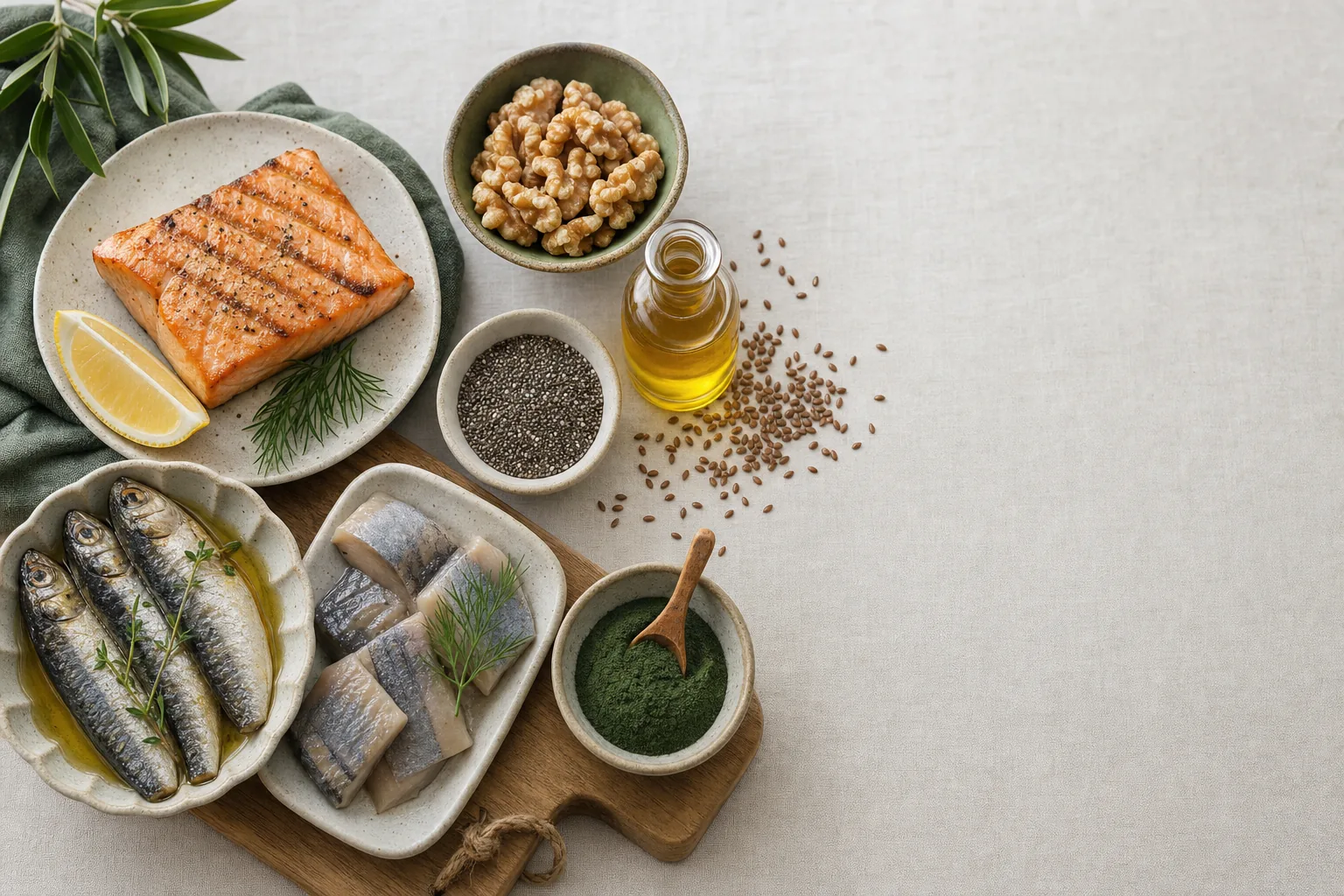 Omega-3 forrásai: lazac, szardínia, hering, dió, lenmagolaj és lenmag, chiamag, algapor