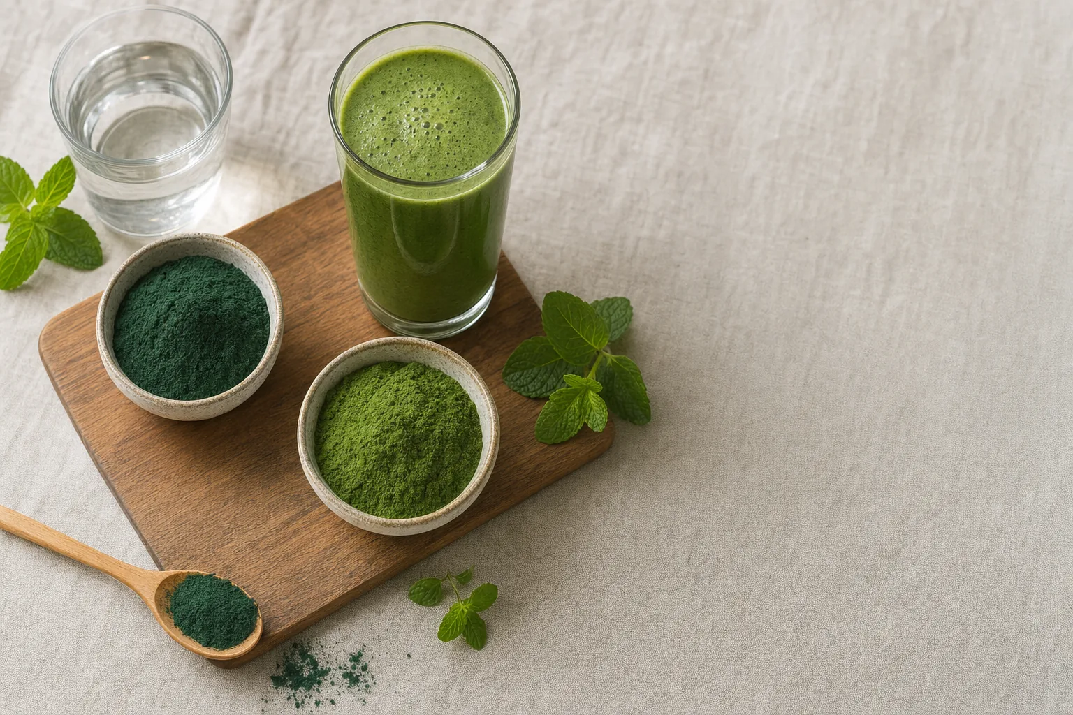 Spirulina- és chlorella-por két kis tálban, mellettük zöld turmix és egy pohár víz