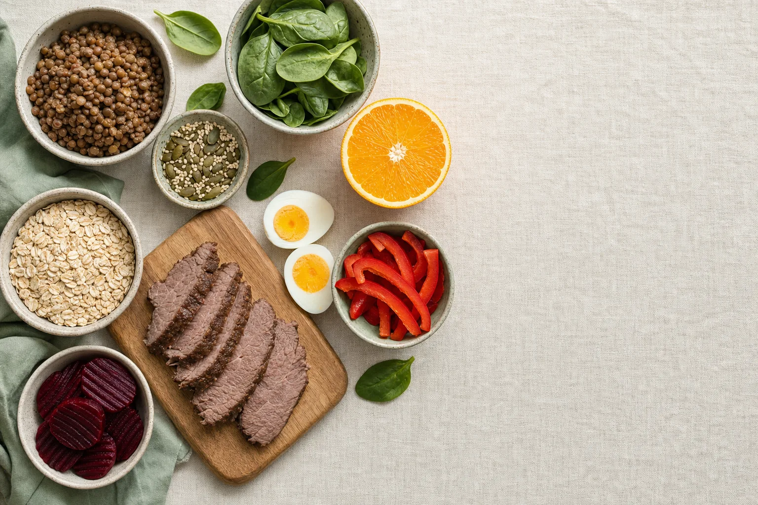 Vasban gazdag élelmiszerek: lencse, tökmag, szezámmag, spenót, cékla, zabpehely, tojás, mellettük C-vitamin-forrásként paprika és narancs