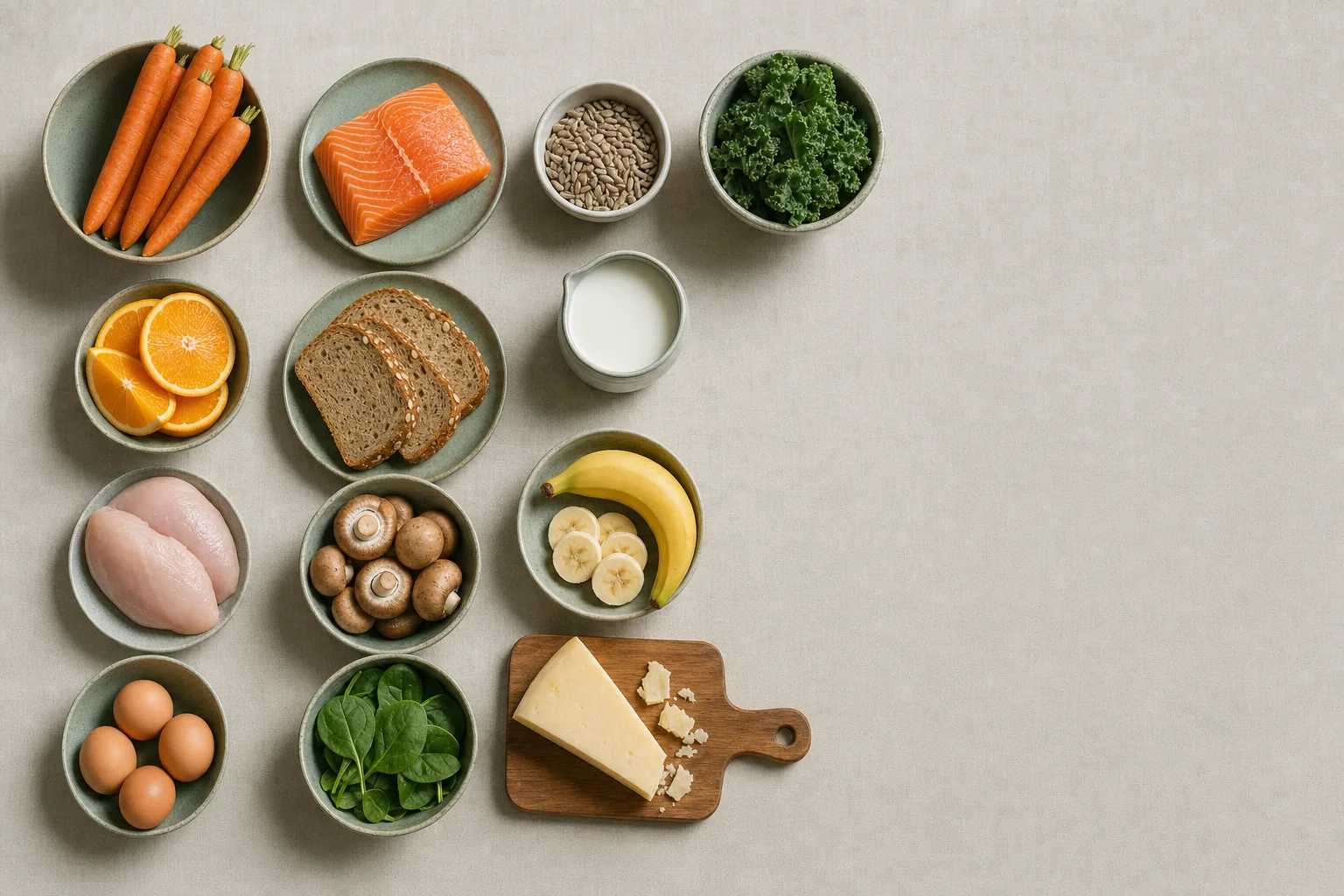 A 13 vitamin forrásai egy asztalon: zöldségek, gyümölcsök, tojás, hal, magvak