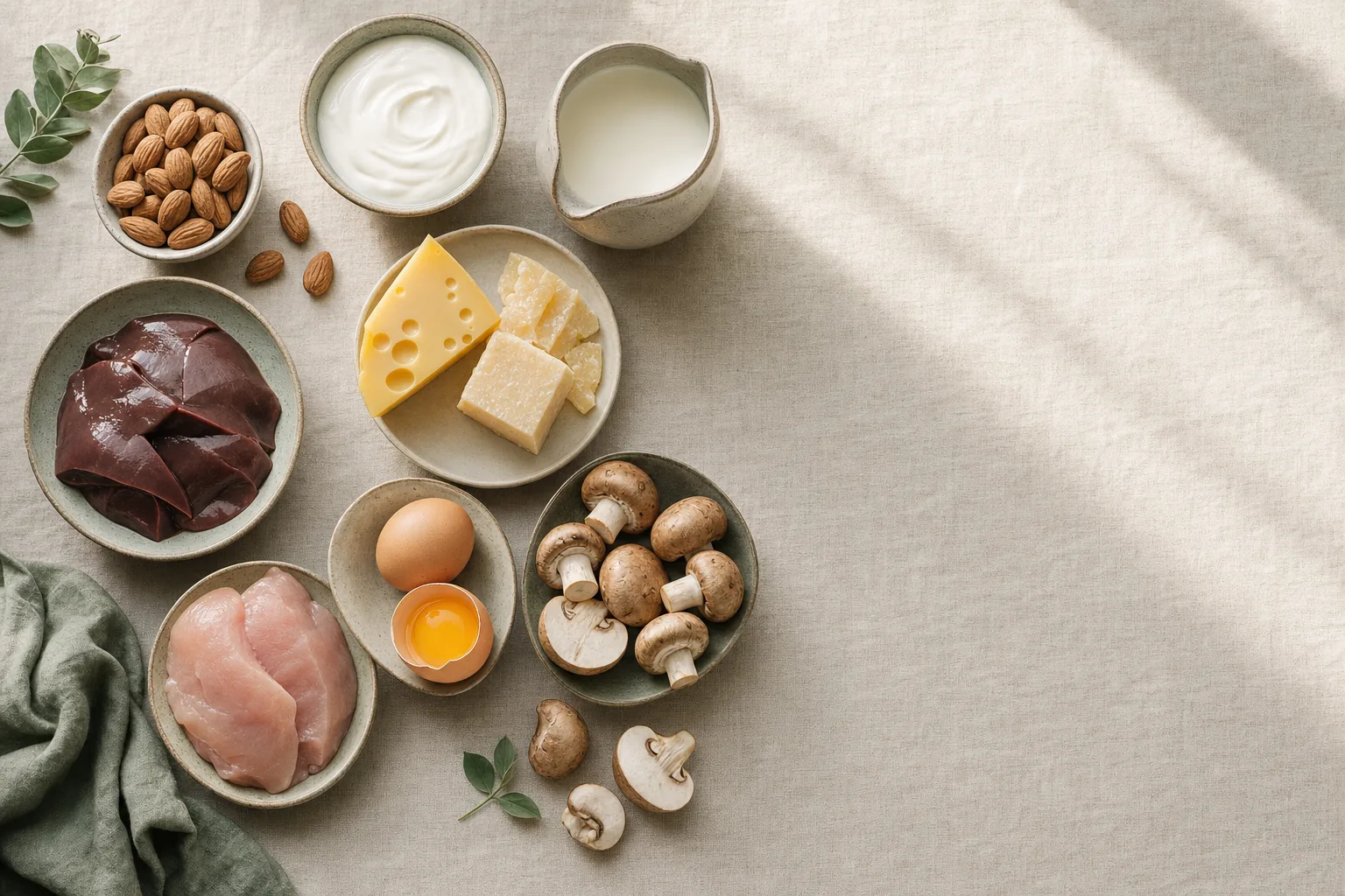B2-vitamin (riboflavin): táplálékforrások csendélete