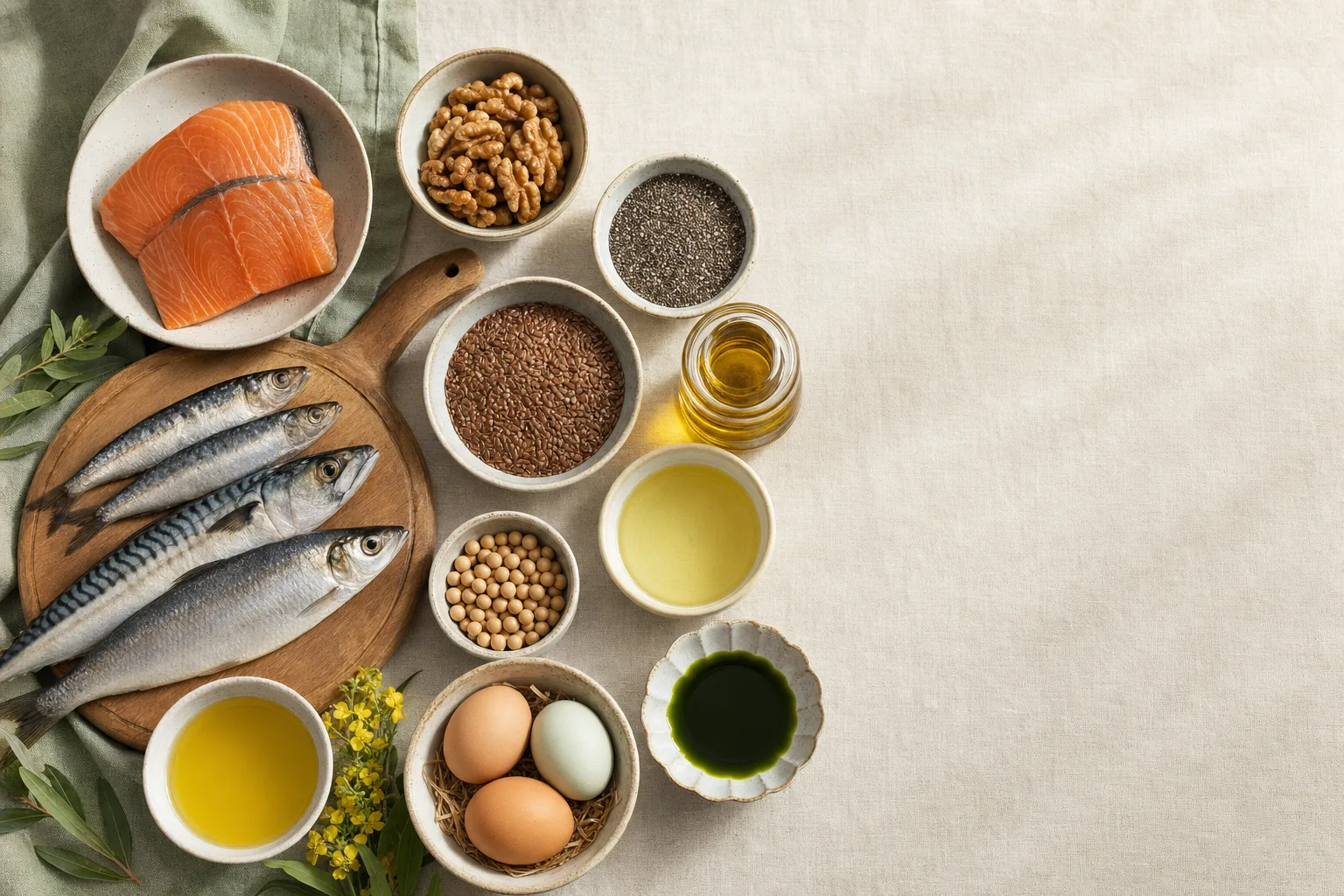 Omega-3 zsírsavak (EPA, DHA, ALA): táplálékforrások csendélete