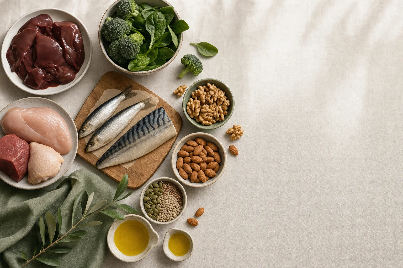 Q10 koenzim (vitaminszerű anyag): táplálékforrások csendélete