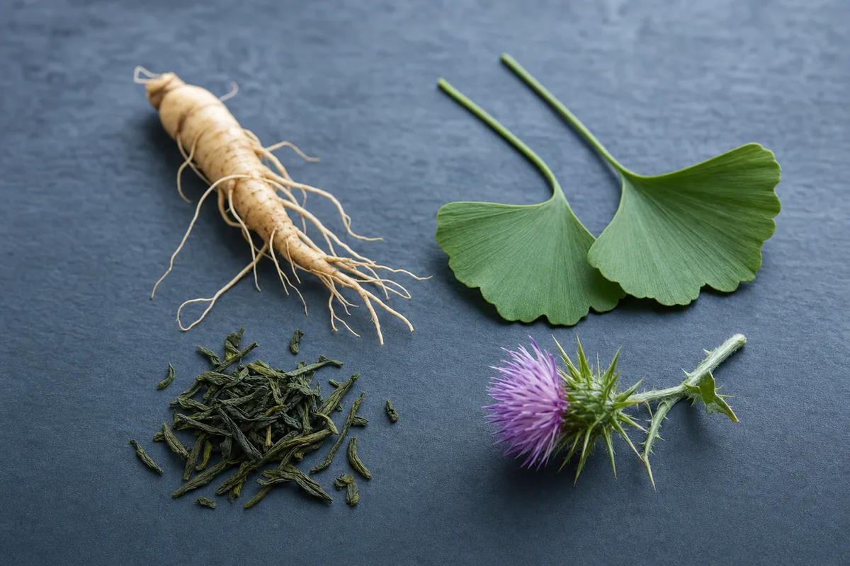 Ginzenggyökér, ginkgo- és zöldtealevelek, máriatövis-virág palakövön