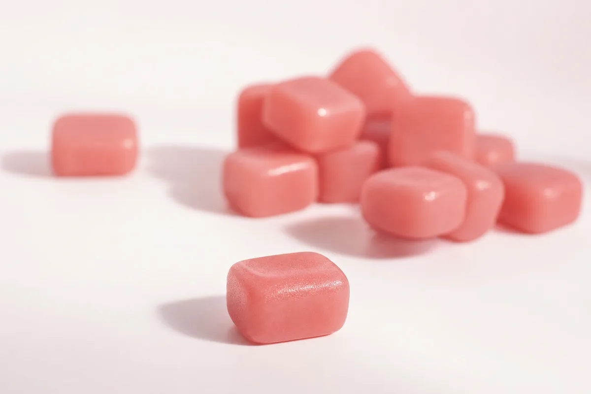 Lazacrózsaszín gumivitamin-drazsék krémfehér felületen