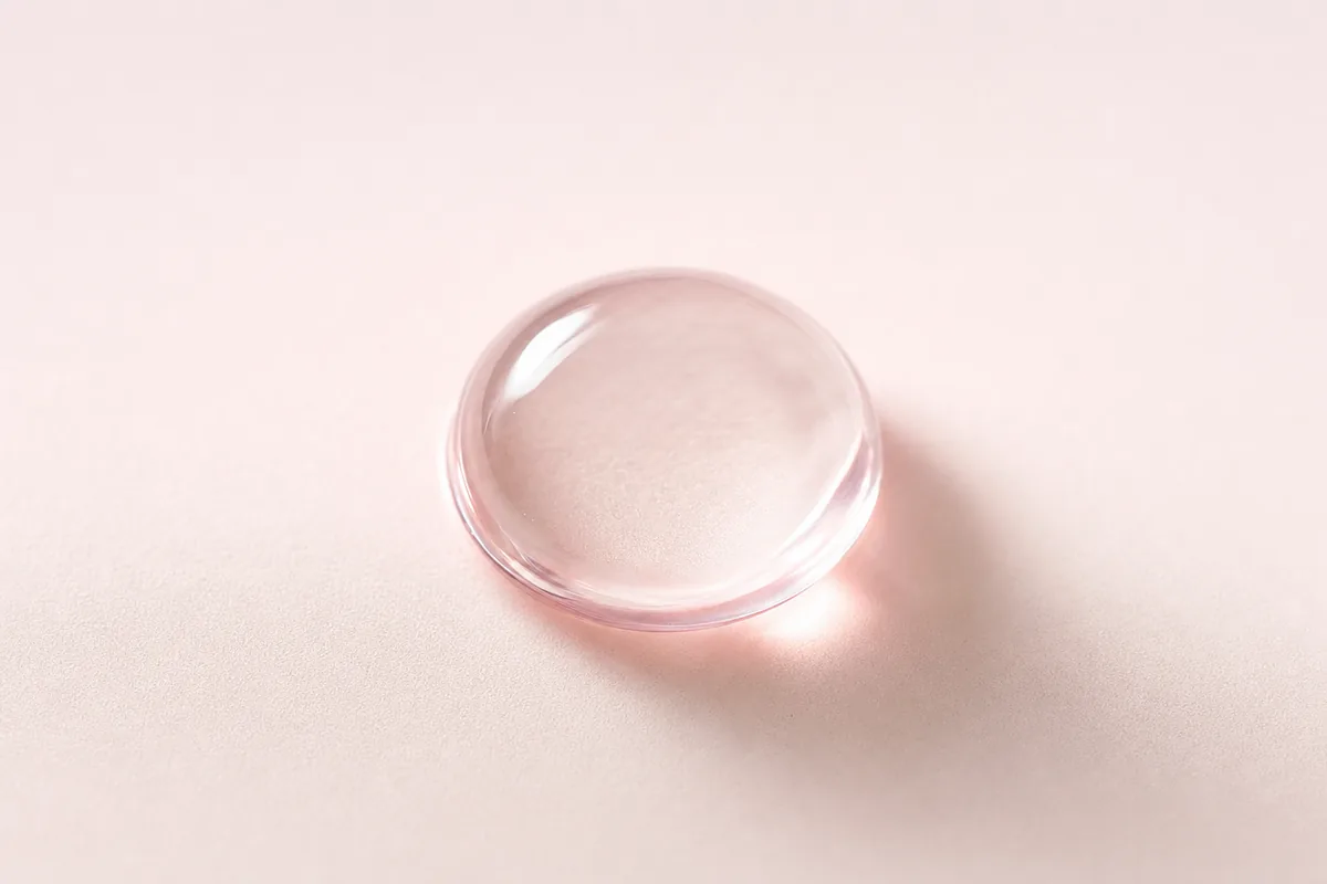 Kristálytiszta gélcsepp halvány rózsaszín porcelán felületen