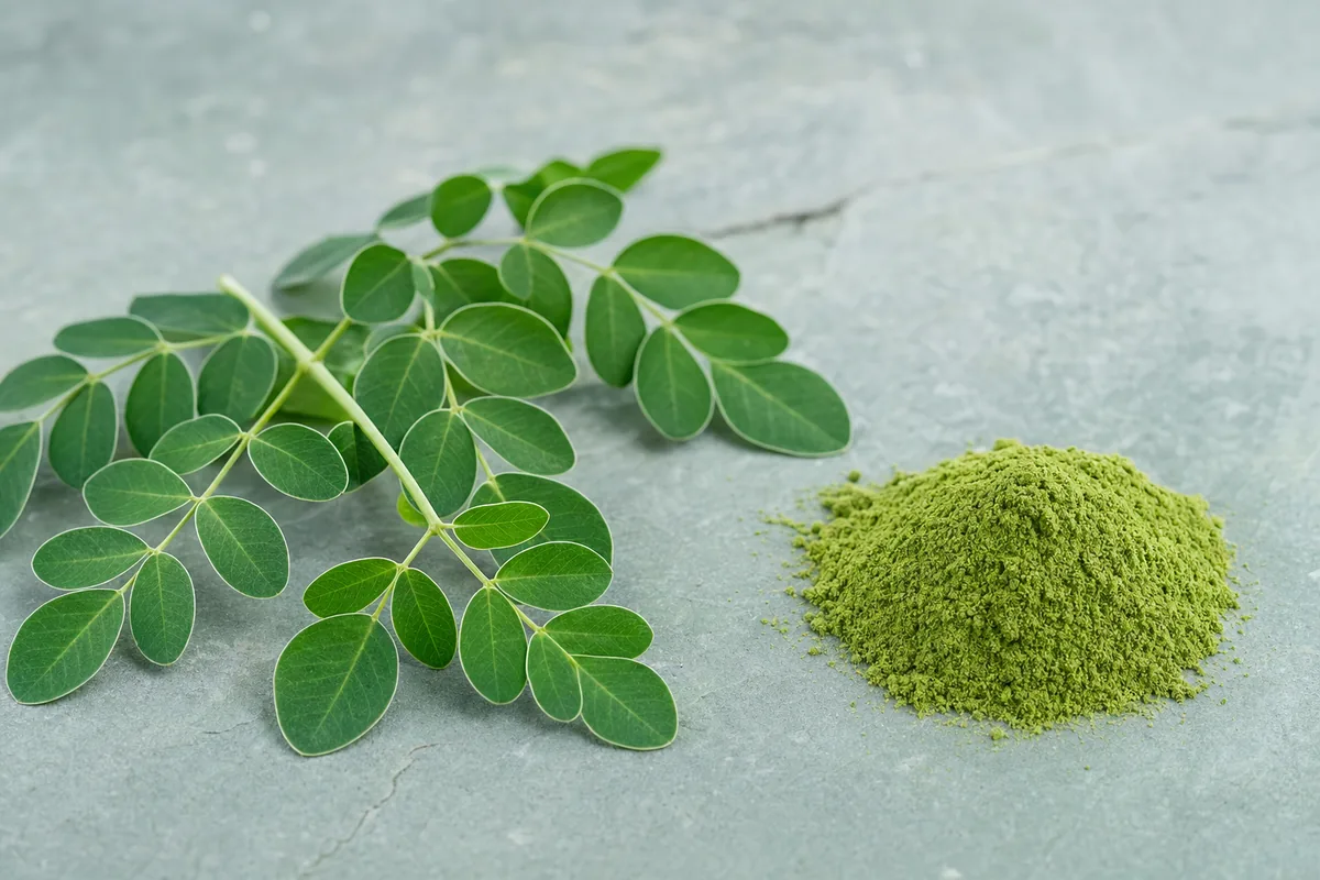 Moringa-ág apró zöld levelekkel szürkészöld kövön