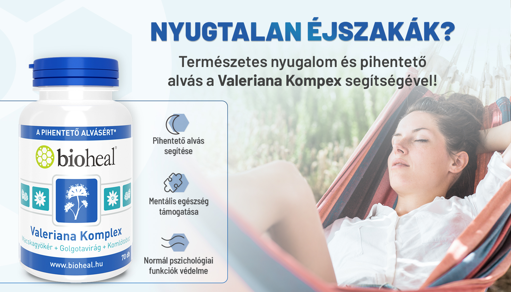 Bioheal® Valeriana Komplex (Macskagyökér + Golgotavirág + Komlótoboz) (70 db)