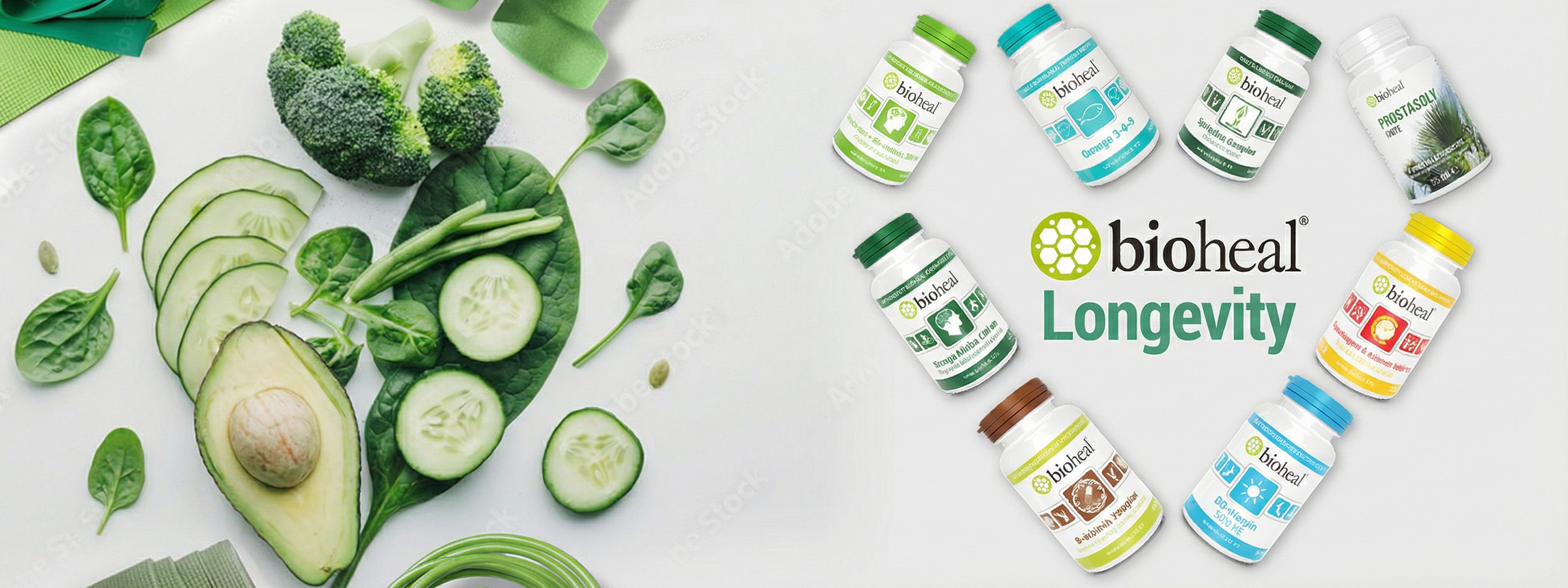 Bioheal Longevity hero: zöldségek, sportkellékek és termék montázs